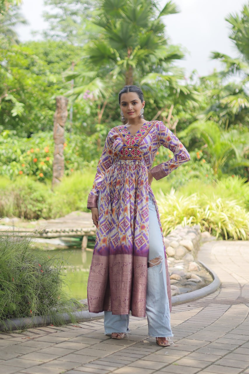 LUXIRIUS GRAY GOOSE GOWN BANDHANI PRINT WORK WITH KUTCHI PATCHEWORK IN FAUX GEORETTE