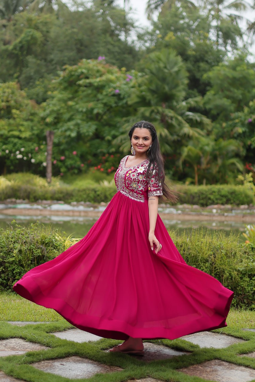 DESIGNER MAROON GOWN IS LUXURY CLOTHING MADE BY ZARI-THREAD & SEQUINS EMBROIDERY