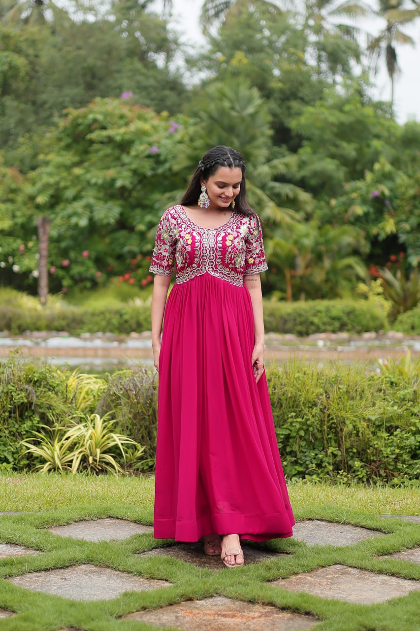 DESIGNER MAROON GOWN IS LUXURY CLOTHING MADE BY ZARI-THREAD & SEQUINS EMBROIDERY