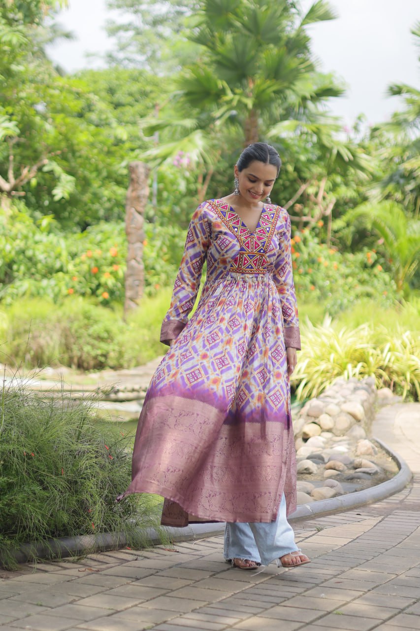 LUXIRIUS GRAY GOOSE GOWN BANDHANI PRINT WORK WITH KUTCHI PATCHEWORK IN FAUX GEORETTE