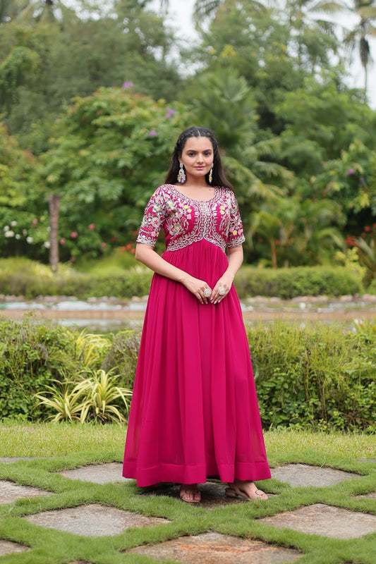 DESIGNER MAROON GOWN IS LUXURY CLOTHING MADE BY ZARI-THREAD & SEQUINS EMBROIDERY