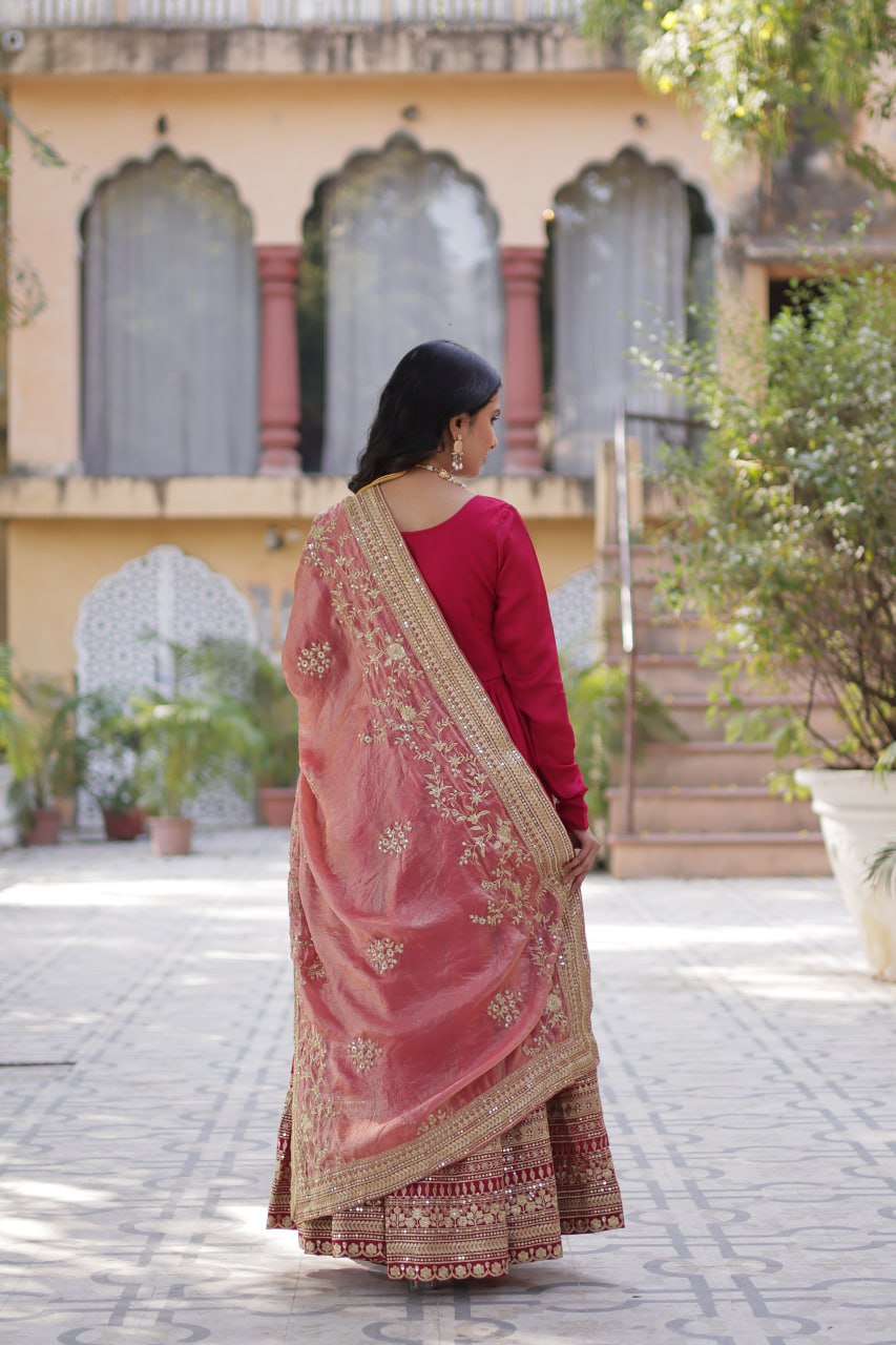 GOWN-WITH-DUPATTA SHIMMER VICHITRA WITH RICH SEQUINS EMBROIDERED WORK(MAROON)