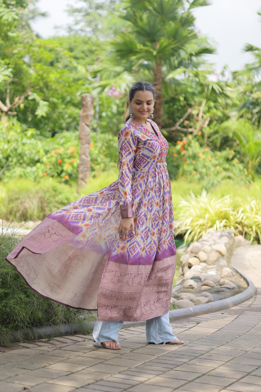 LUXIRIUS GRAY GOOSE GOWN BANDHANI PRINT WORK WITH KUTCHI PATCHEWORK IN FAUX GEORETTE