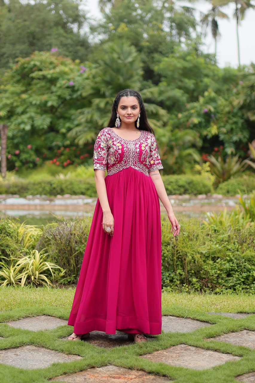 DESIGNER MAROON GOWN IS LUXURY CLOTHING MADE BY ZARI-THREAD & SEQUINS EMBROIDERY