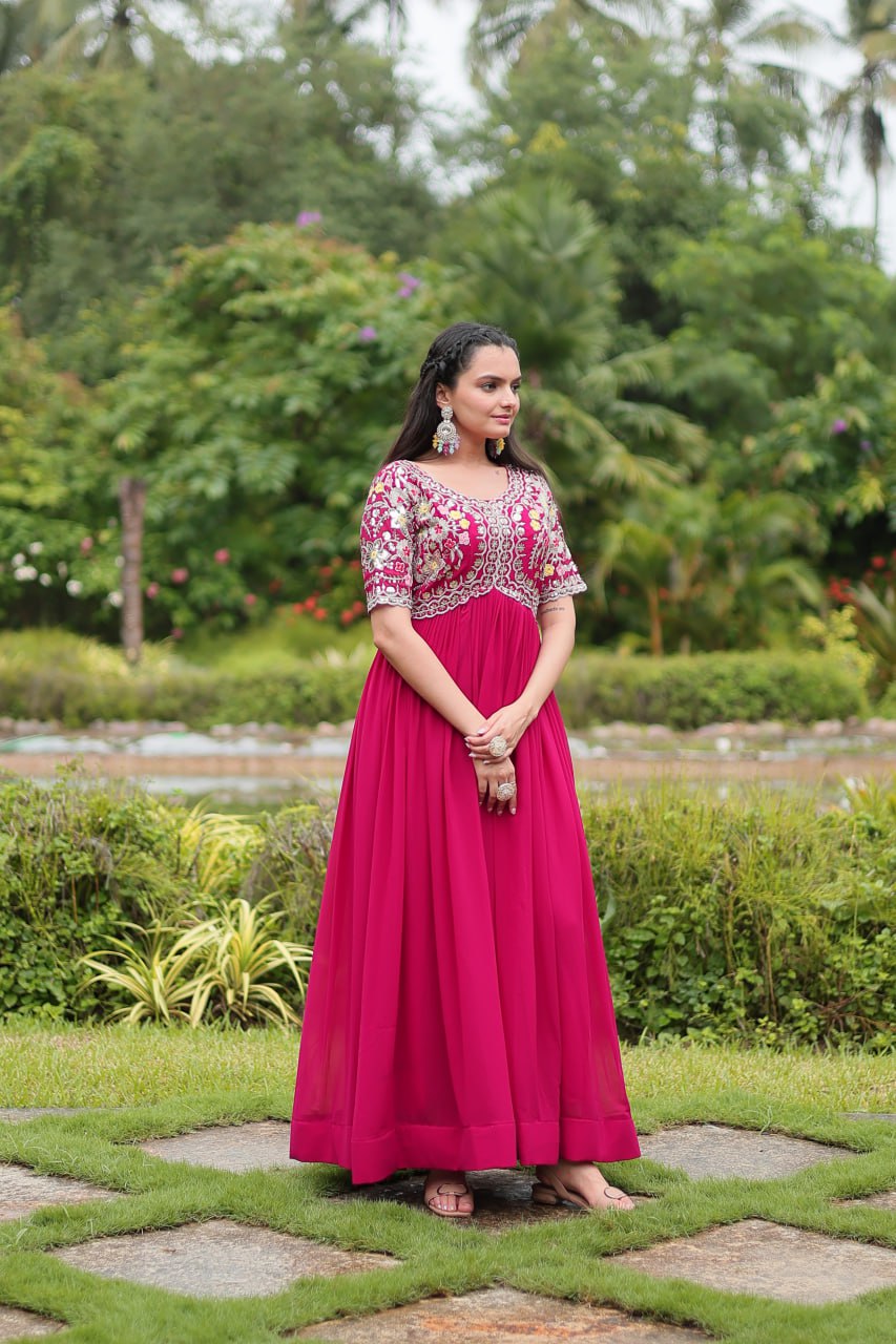 DESIGNER MAROON GOWN IS LUXURY CLOTHING MADE BY ZARI-THREAD & SEQUINS EMBROIDERY