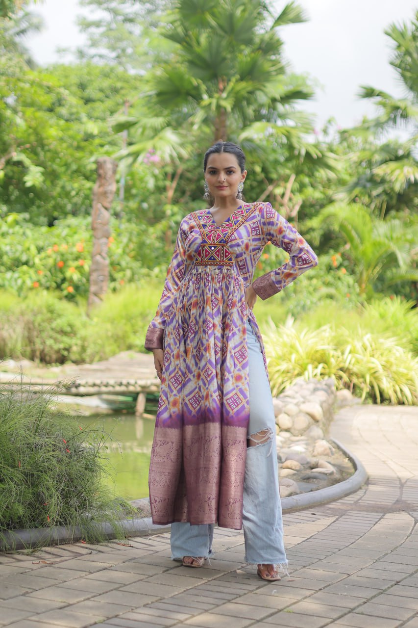 LUXIRIUS GRAY GOOSE GOWN BANDHANI PRINT WORK WITH KUTCHI PATCHEWORK IN FAUX GEORETTE