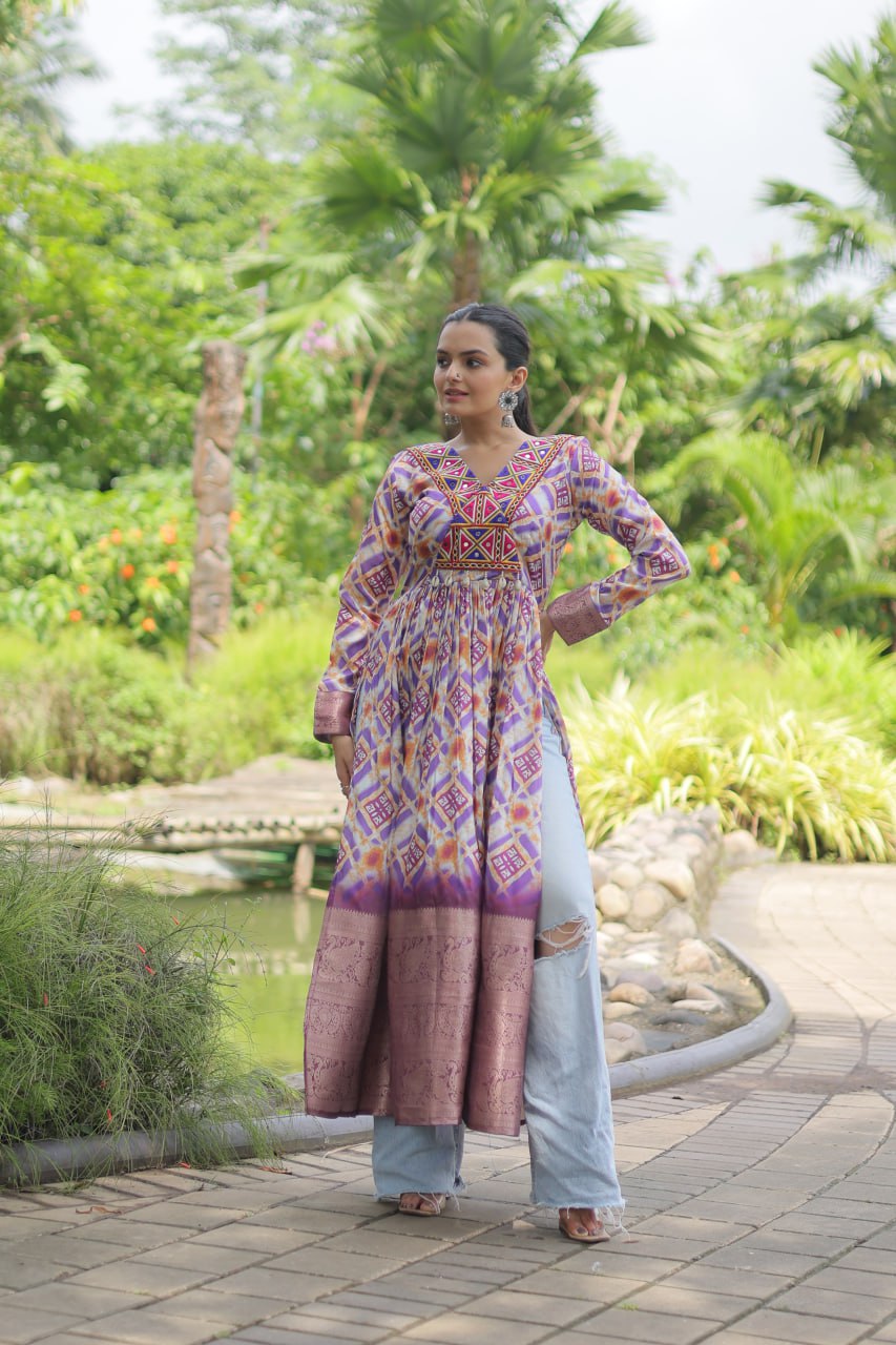 LUXIRIUS GRAY GOOSE GOWN BANDHANI PRINT WORK WITH KUTCHI PATCHEWORK IN FAUX GEORETTE