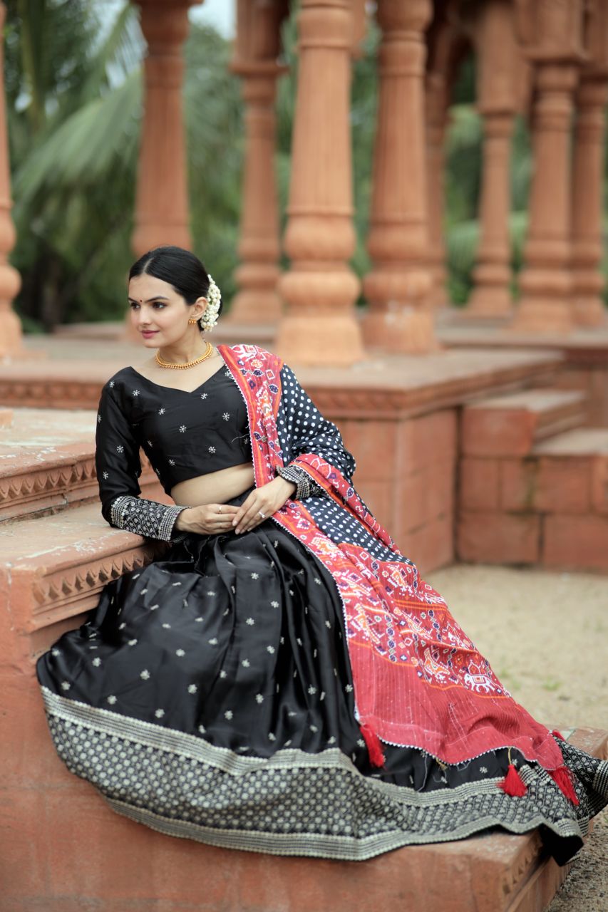 Myra BLACK Silk Lehenga & Blouse With Maslin Crochet Printed Dupatta set