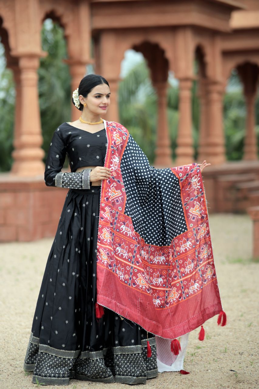 Myra BLACK Silk Lehenga & Blouse With Maslin Crochet Printed Dupatta set