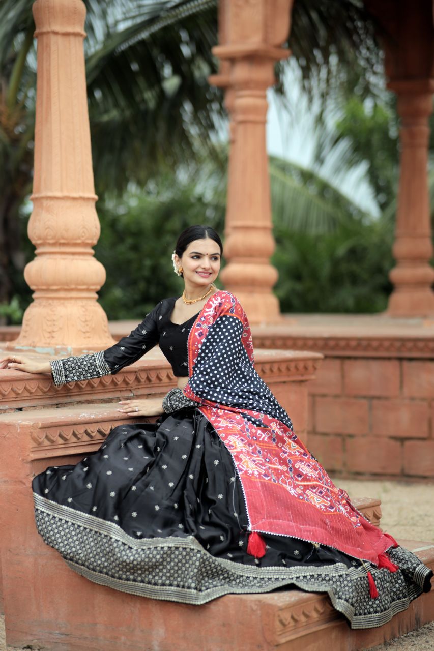 Myra BLACK Silk Lehenga & Blouse With Maslin Crochet Printed Dupatta set