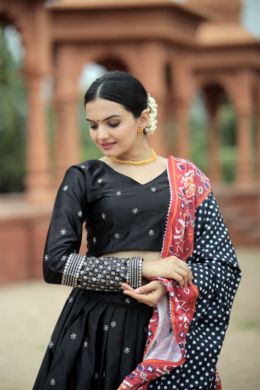 Myra BLACK Silk Lehenga & Blouse With Maslin Crochet Printed Dupatta set