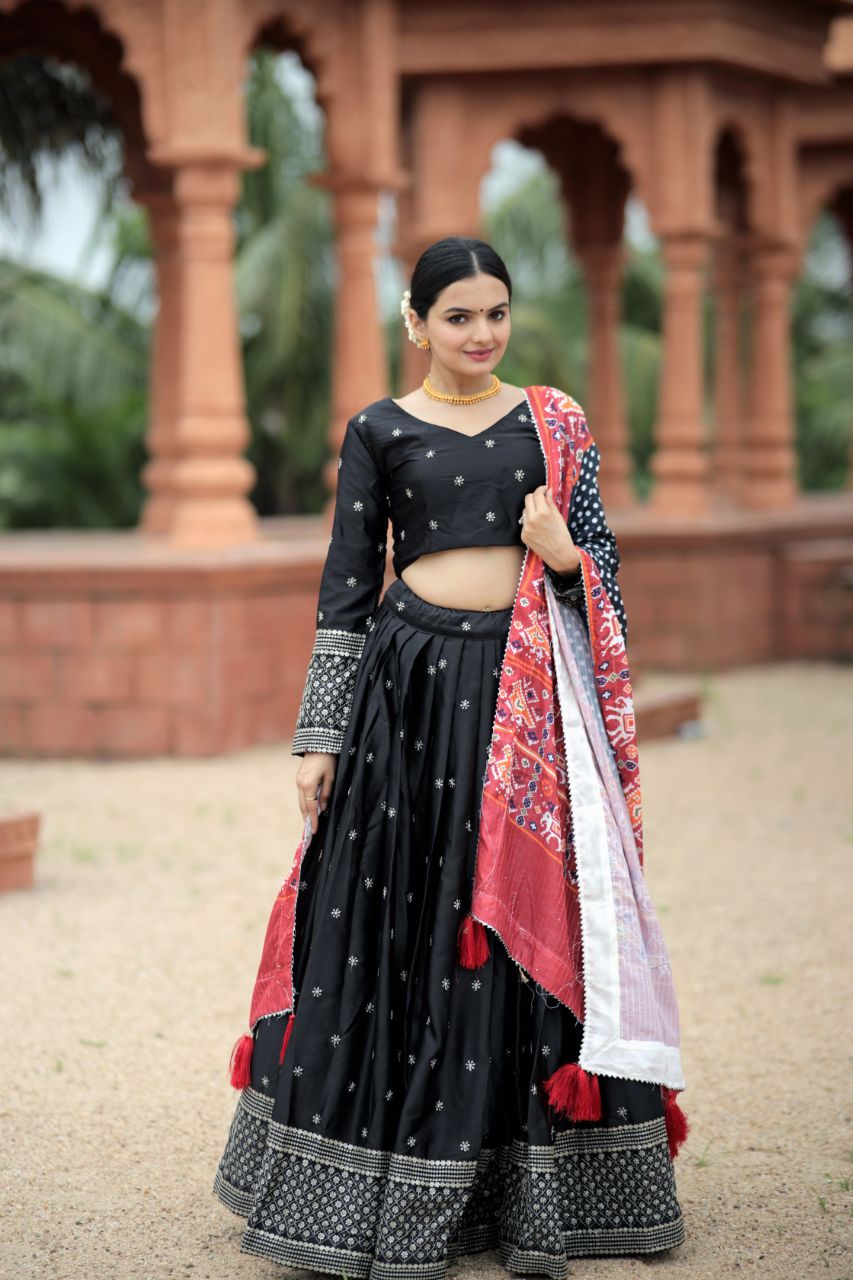 Myra BLACK Silk Lehenga & Blouse With Maslin Crochet Printed Dupatta set