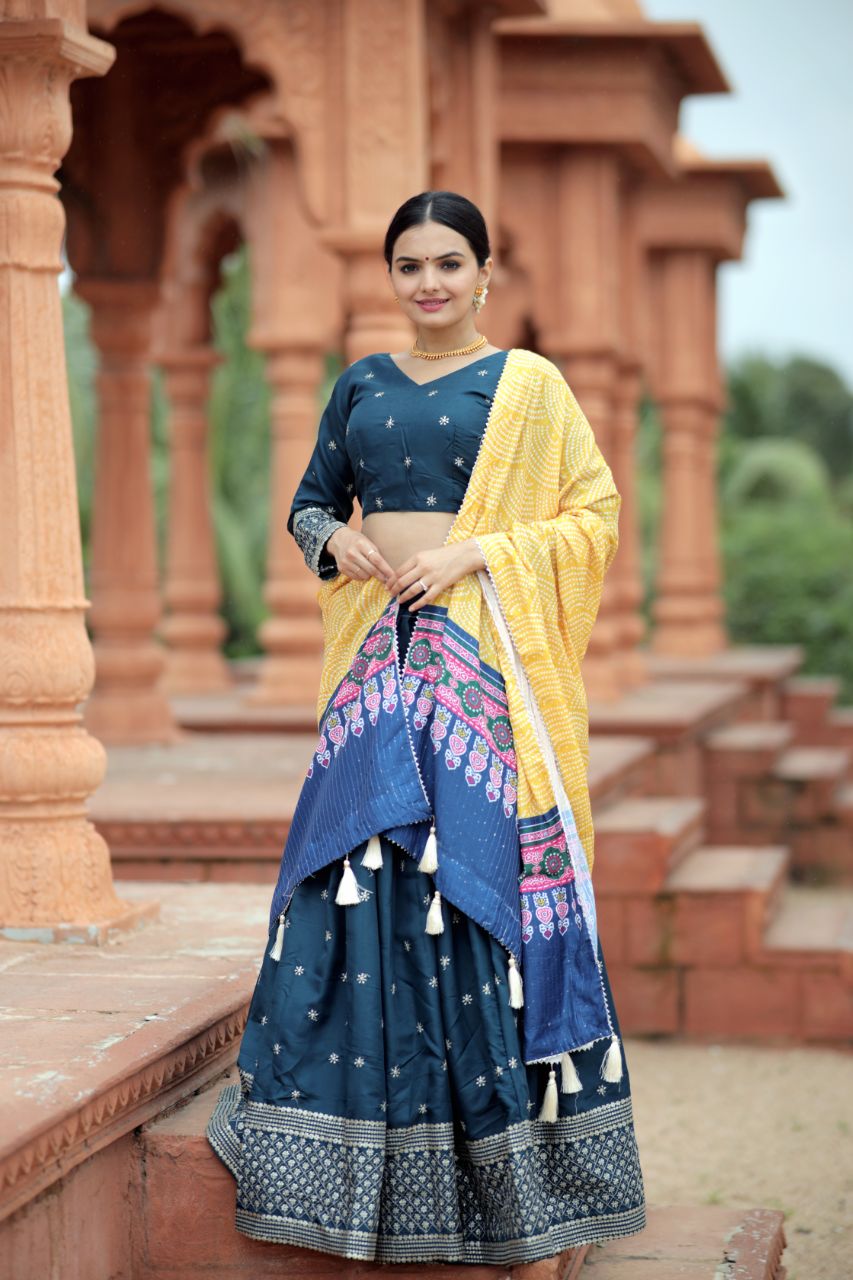 Myra Silk BLUE Lehenga With Maslin Crochet Printed Dupatta set