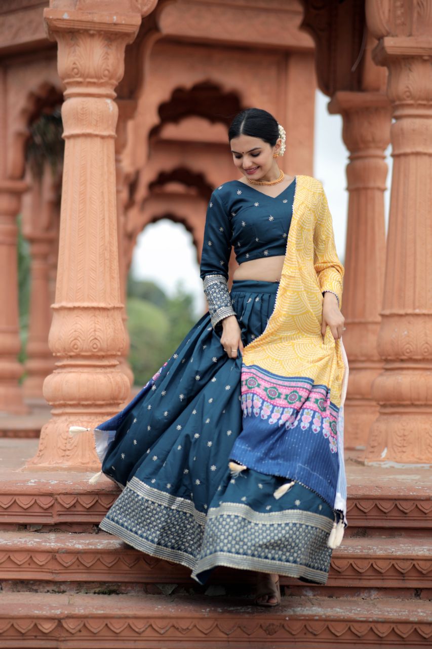 Myra Silk BLUE Lehenga With Maslin Crochet Printed Dupatta set