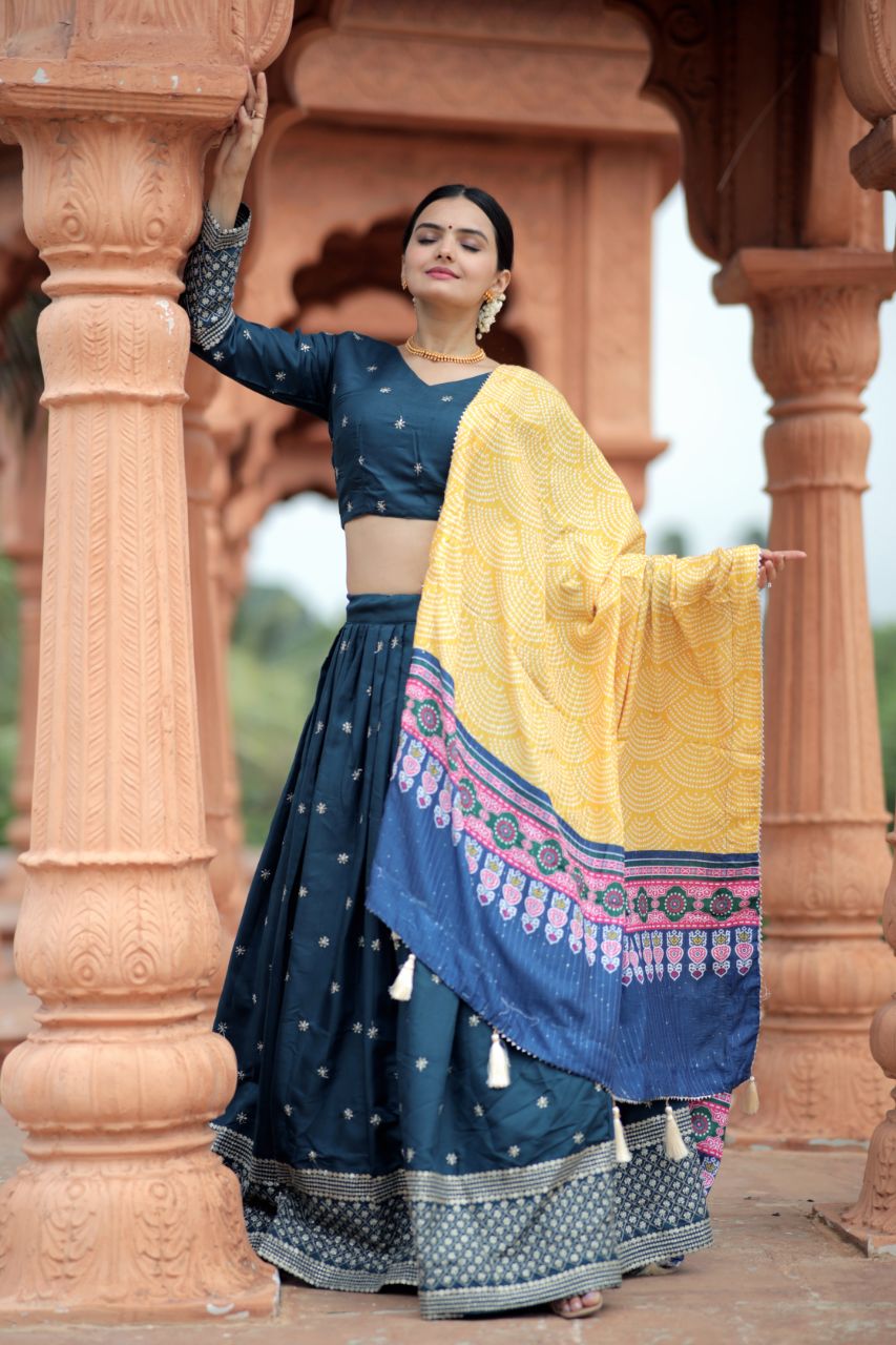 Myra Silk BLUE Lehenga With Maslin Crochet Printed Dupatta set