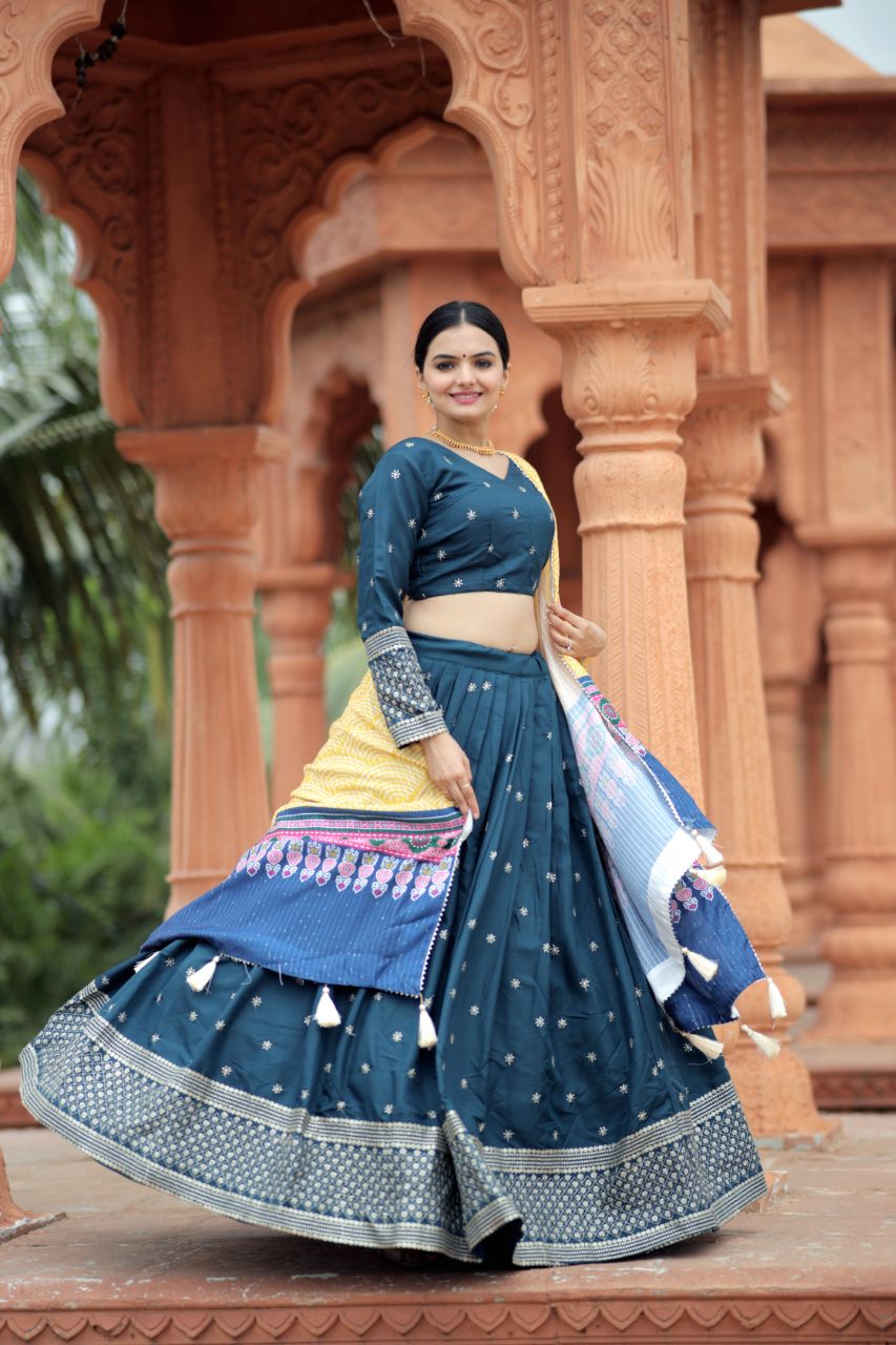 Myra Silk BLUE Lehenga With Maslin Crochet Printed Dupatta set