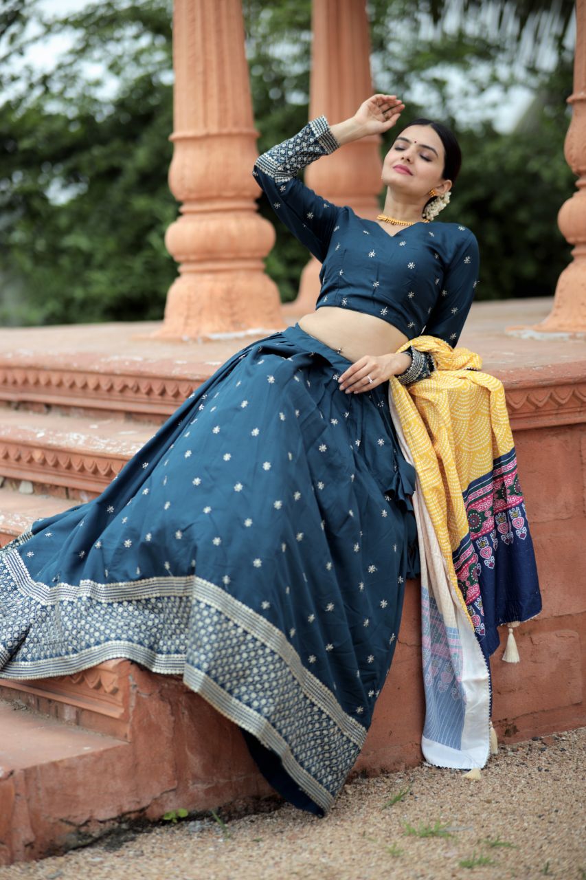 Myra Silk BLUE Lehenga With Maslin Crochet Printed Dupatta set