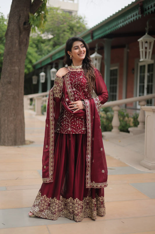 PREMIUM DESIGNER READYMADE MAROON KURTI-SARARA-DUPATTA COLLECTIONS