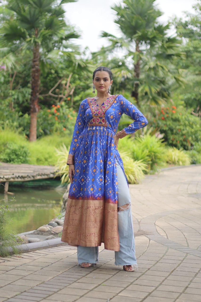 LUXIRIUS DARK Blue BANDHANI PRINT WORK WITH KUTCHI PATCHEWORK IN FAUX GEORETTE