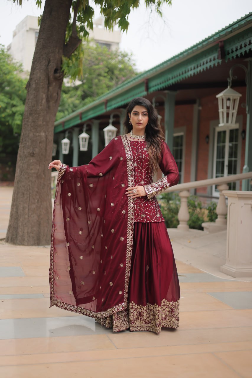 PREMIUM DESIGNER READYMADE MAROON KURTI-SARARA-DUPATTA COLLECTIONS