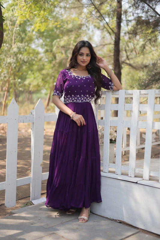 PREMIUM DESIGNER READYMADE PURPLE GOWN FAUX BLOOMING WITH BEADS EMBROIDERY-WORK