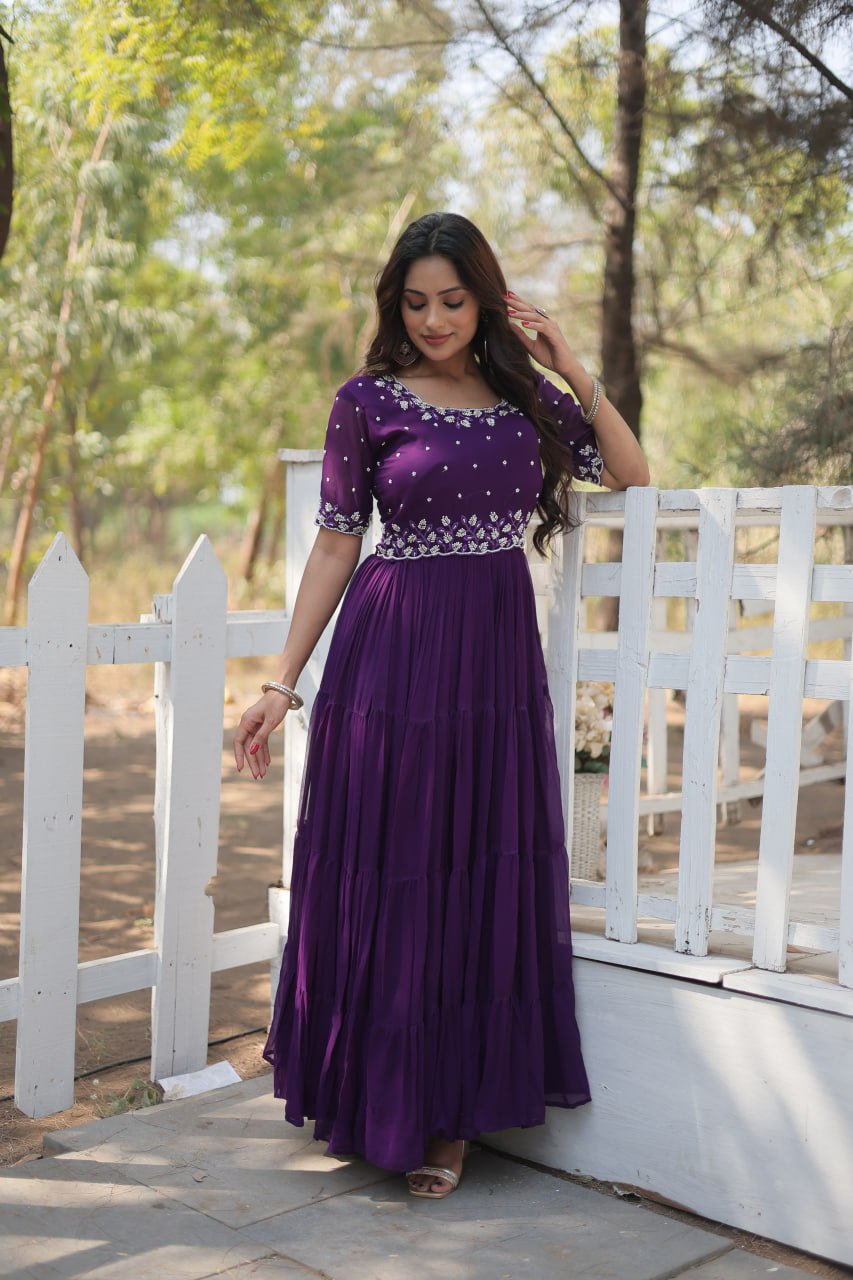 PREMIUM DESIGNER READYMADE PURPLE GOWN FAUX BLOOMING WITH BEADS EMBROIDERY-WORK