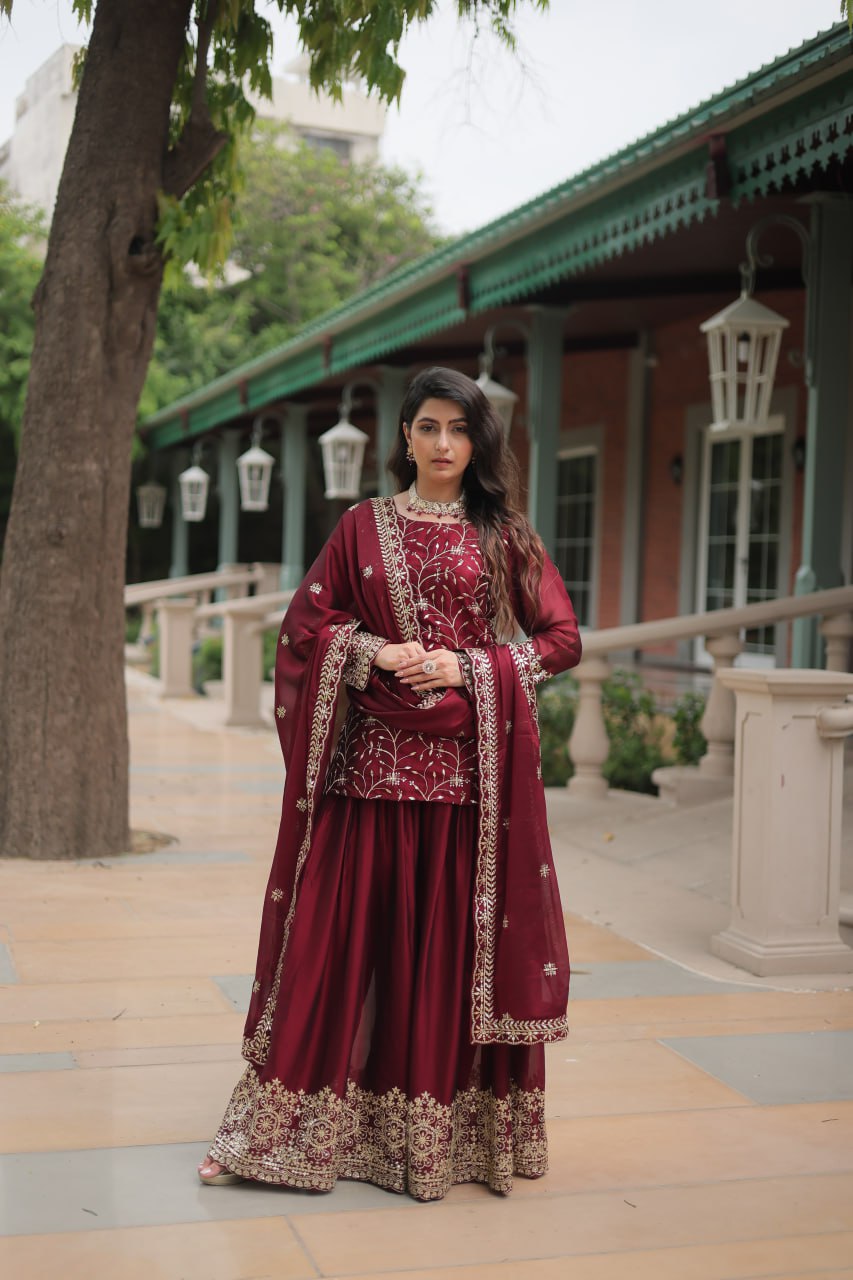 PREMIUM DESIGNER READYMADE MAROON KURTI-SARARA-DUPATTA COLLECTIONS