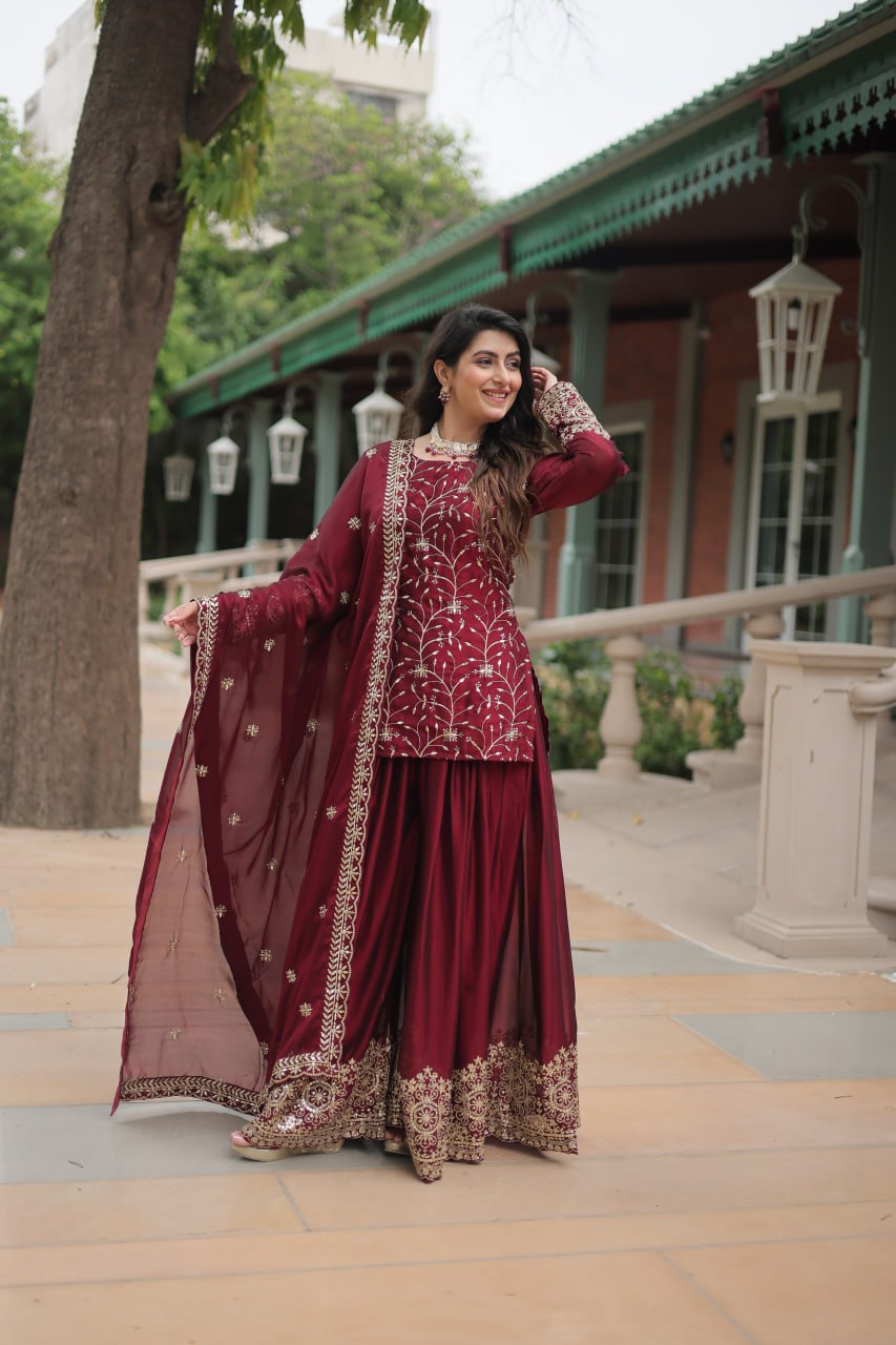 PREMIUM DESIGNER READYMADE MAROON KURTI-SARARA-DUPATTA COLLECTIONS