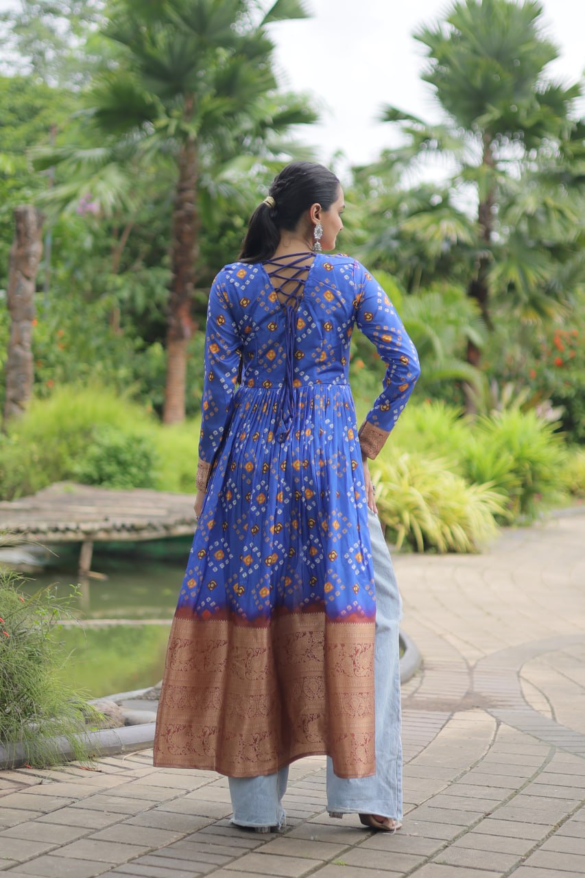 LUXIRIUS DARK Blue BANDHANI PRINT WORK WITH KUTCHI PATCHEWORK IN FAUX GEORETTE