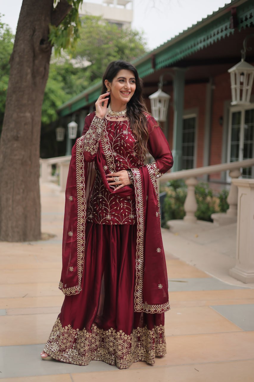 PREMIUM DESIGNER READYMADE MAROON KURTI-SARARA-DUPATTA COLLECTIONS