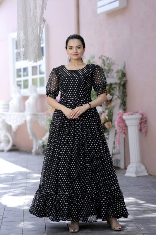 Premium Readymade Faux Georgette Dot Designer  Black Gown Collections💃🏼