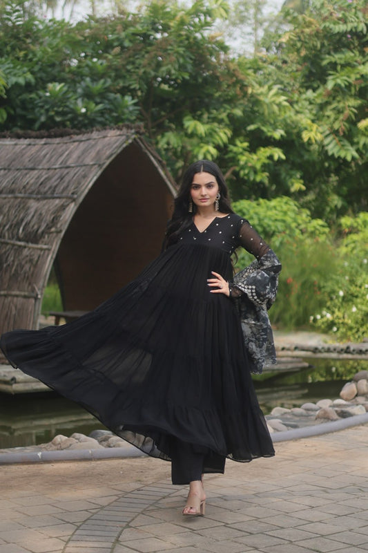 PREMIUM READYMADE BLACK ALIA CUT KURTI WITH PANT & DUPATTA SET