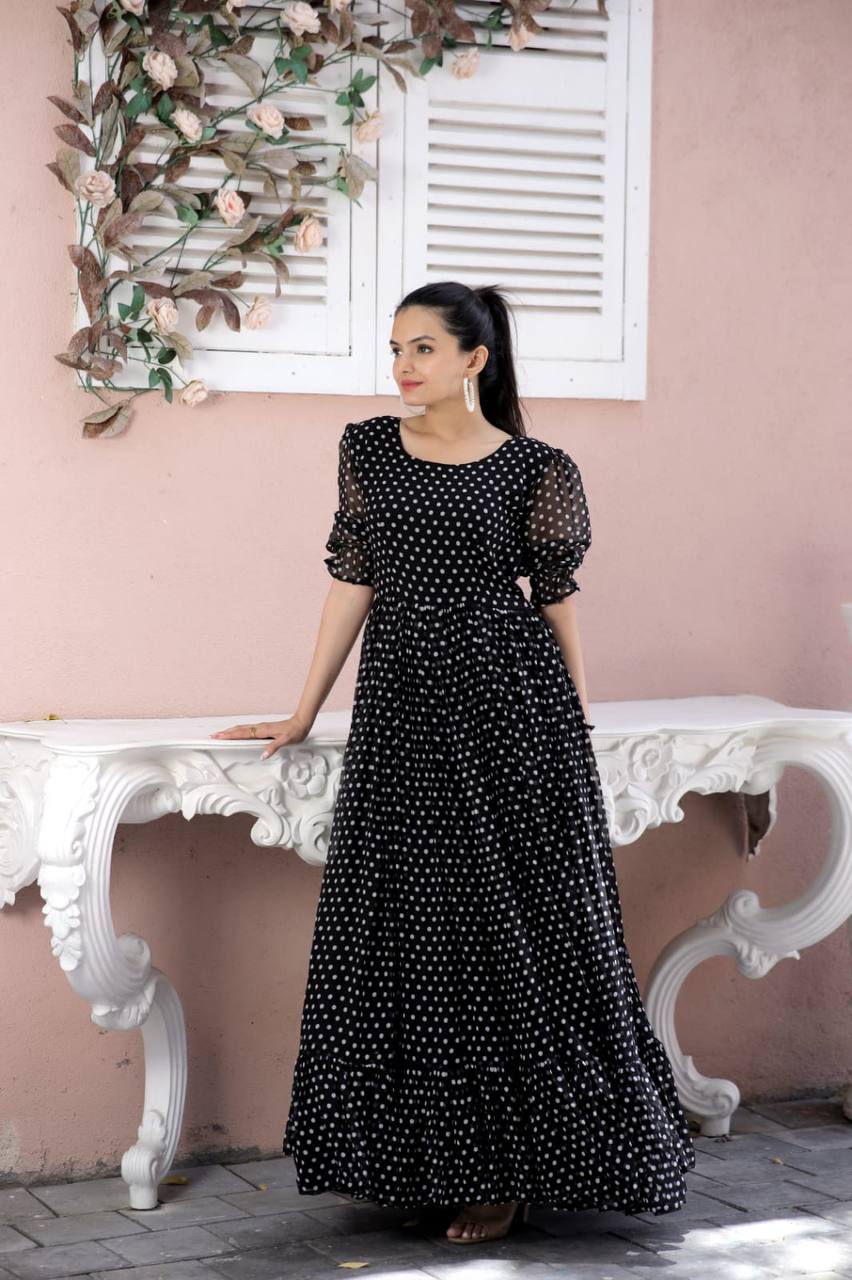 Premium Readymade Faux Georgette Dot Designer  Black Gown Collections💃🏼