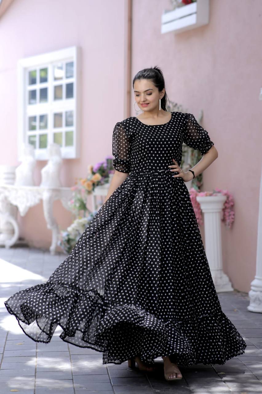 Premium Readymade Faux Georgette Dot Designer  Black Gown Collections💃🏼