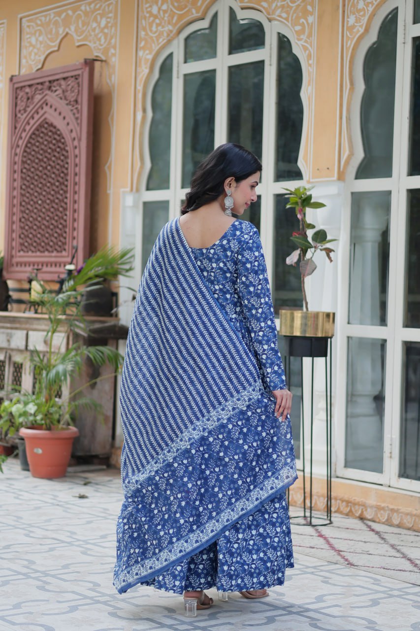 PREMIUM READYMADE BLUE  KURTI WITH PANT & DUPATTA PURE COTTON