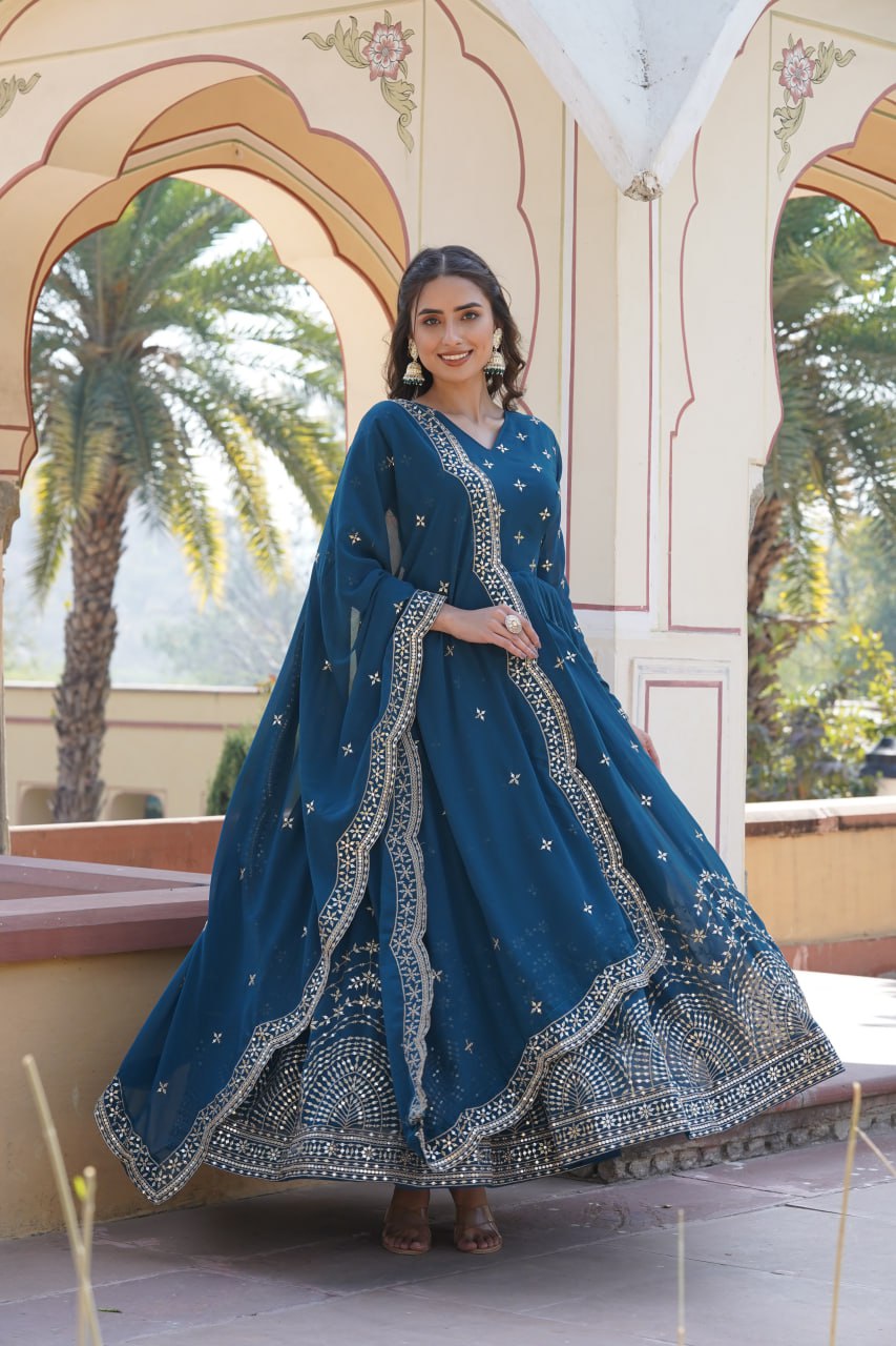 PREMIUM DESIGNER READYMADE BLUE GOWN FAUX GEORGETTE WITH ZARI & SEQUINS EMBROIDERY