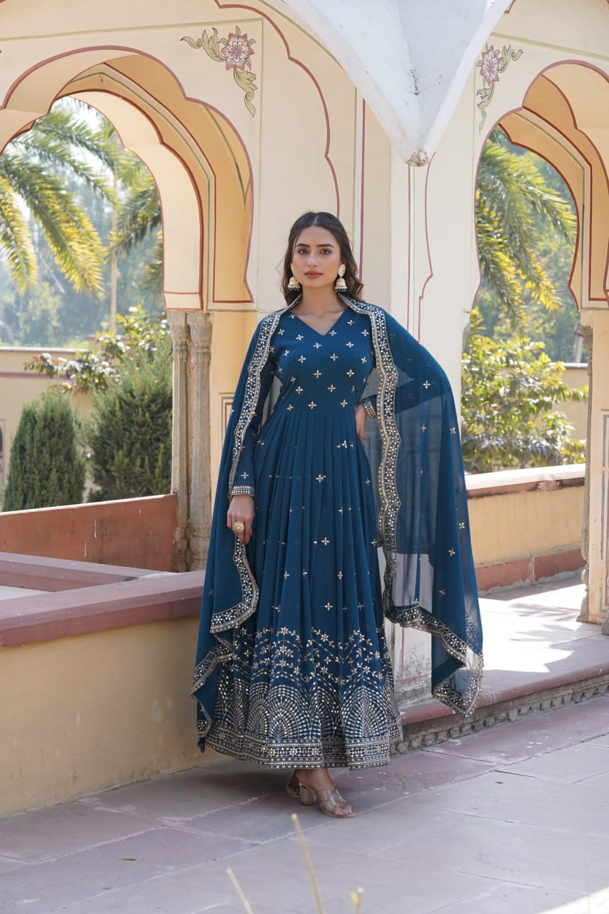 PREMIUM DESIGNER READYMADE BLUE GOWN FAUX GEORGETTE WITH ZARI & SEQUINS EMBROIDERY