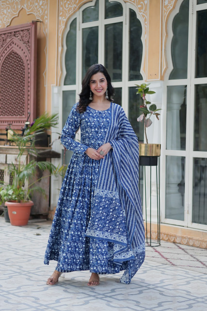 PREMIUM READYMADE BLUE  KURTI WITH PANT & DUPATTA PURE COTTON