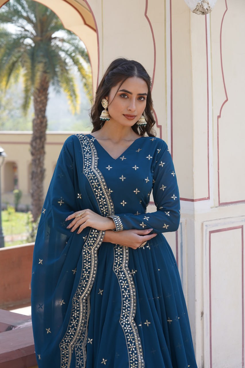 PREMIUM DESIGNER READYMADE BLUE GOWN FAUX GEORGETTE WITH ZARI & SEQUINS EMBROIDERY