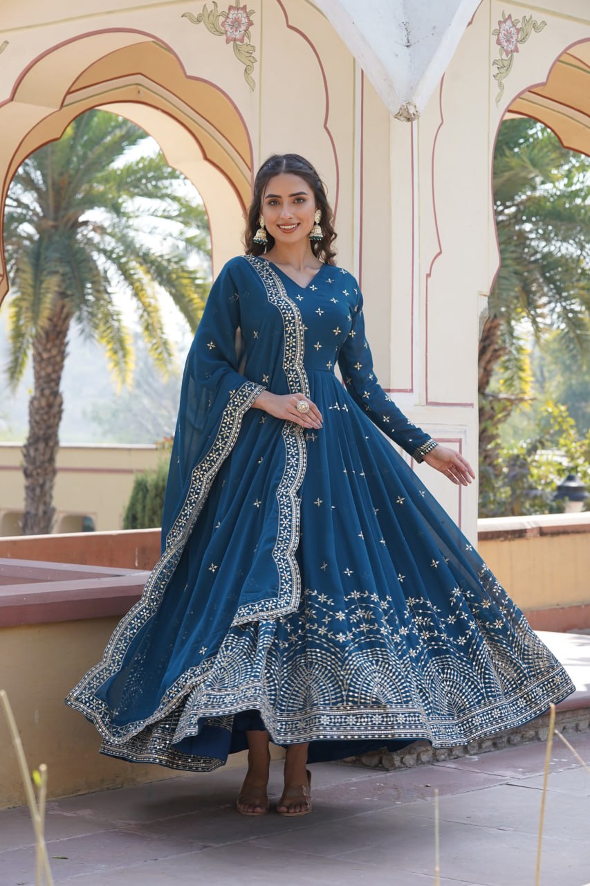 PREMIUM DESIGNER READYMADE BLUE GOWN FAUX GEORGETTE WITH ZARI & SEQUINS EMBROIDERY