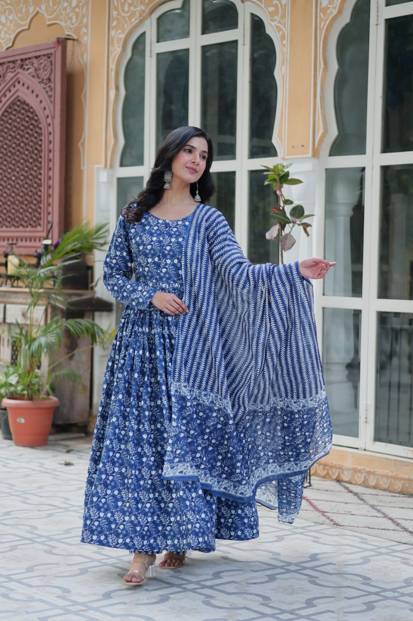 PREMIUM READYMADE BLUE  KURTI WITH PANT & DUPATTA PURE COTTON