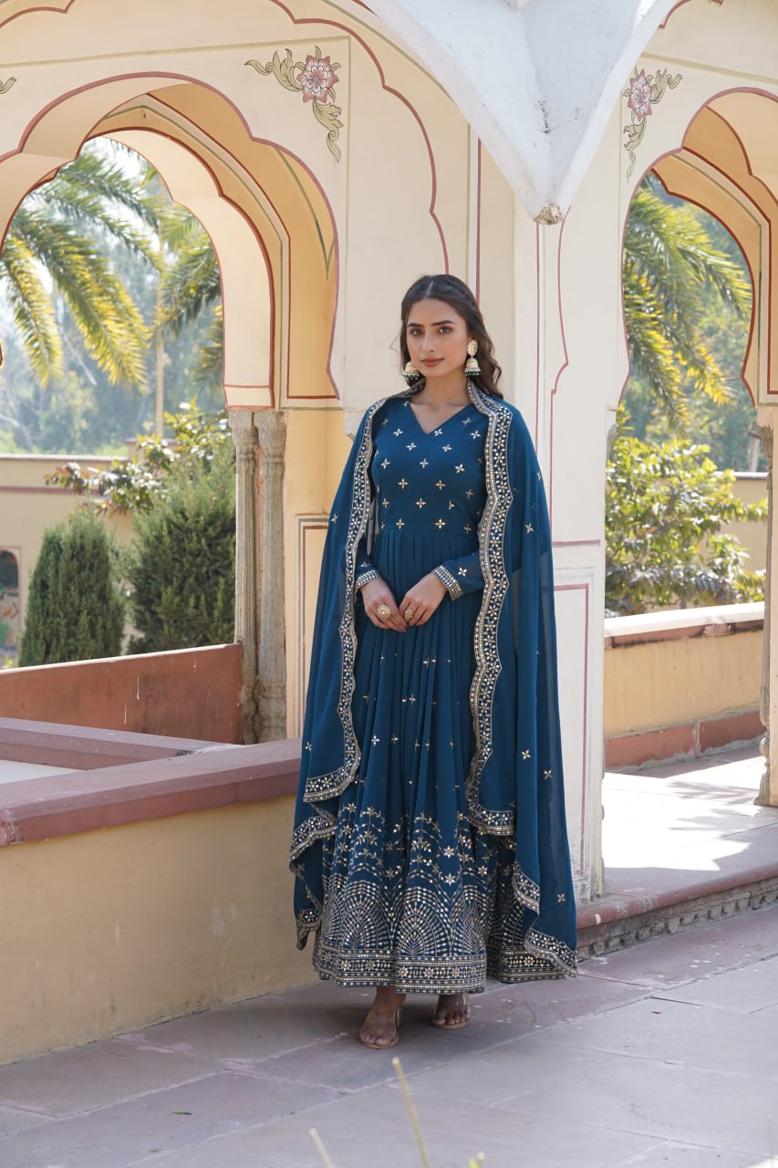 PREMIUM DESIGNER READYMADE BLUE GOWN FAUX GEORGETTE WITH ZARI & SEQUINS EMBROIDERY