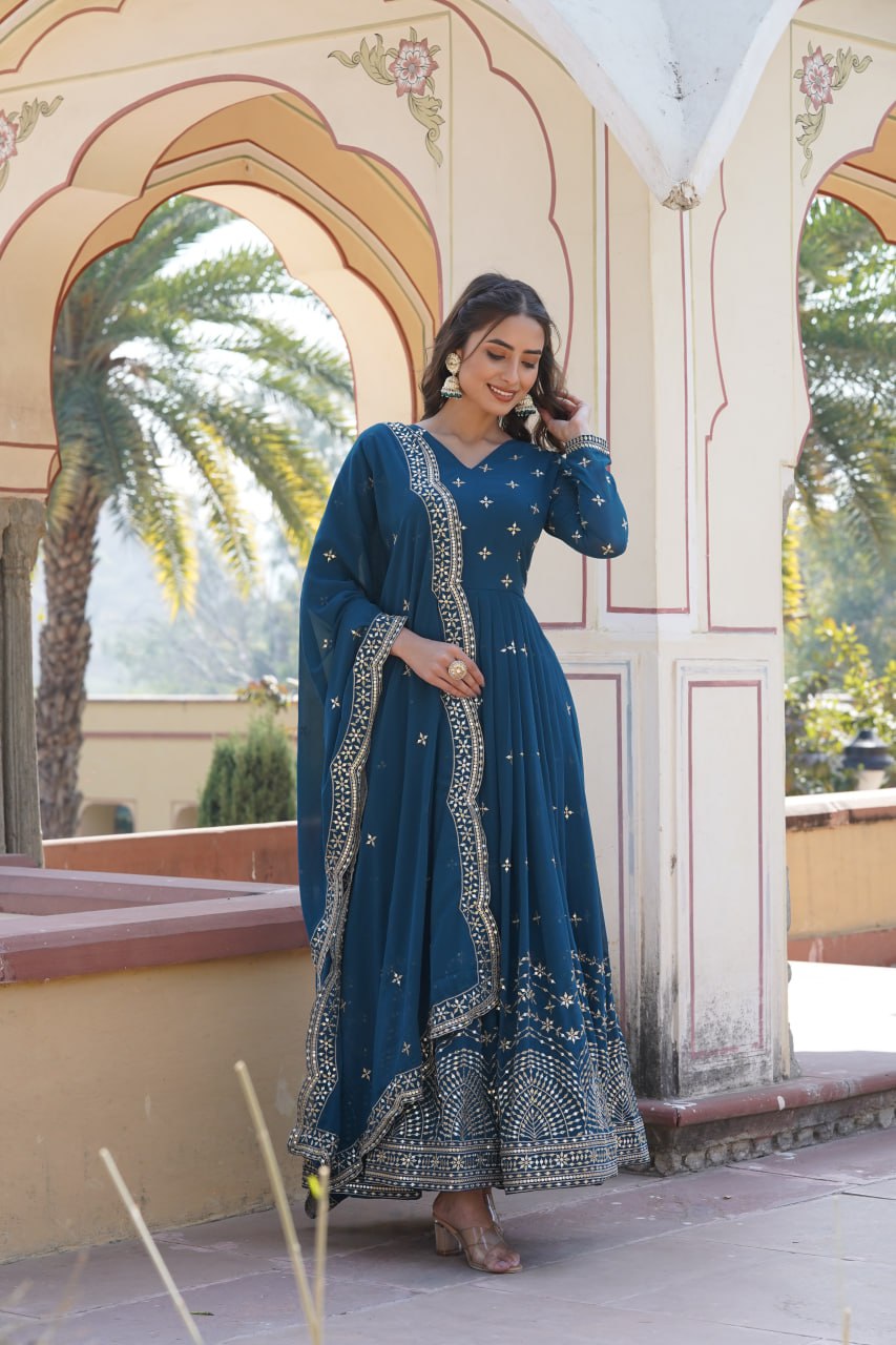 PREMIUM DESIGNER READYMADE BLUE GOWN FAUX GEORGETTE WITH ZARI & SEQUINS EMBROIDERY