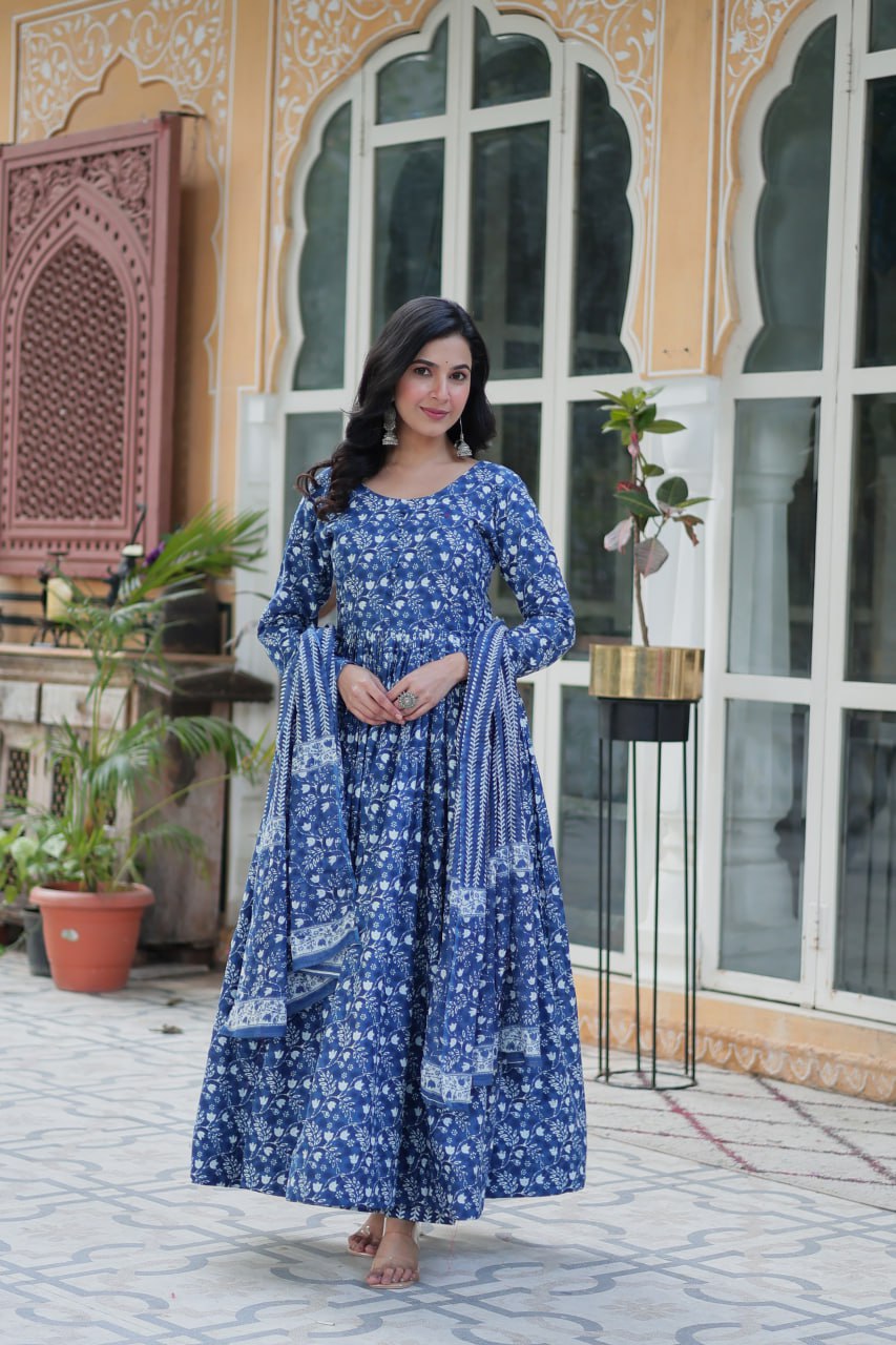 PREMIUM READYMADE BLUE  KURTI WITH PANT & DUPATTA PURE COTTON