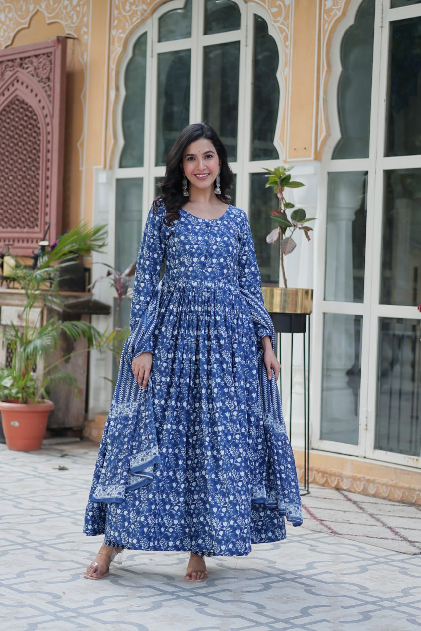 PREMIUM READYMADE BLUE  KURTI WITH PANT & DUPATTA PURE COTTON