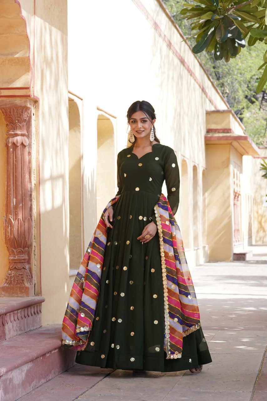 DESIGNER GREEN GOWN IS LUXURY CLOTHING CONSIDERED TO BE HIGH QUALITY MADE BY ZARI THREAD & SEQUINS EMBROIDERY