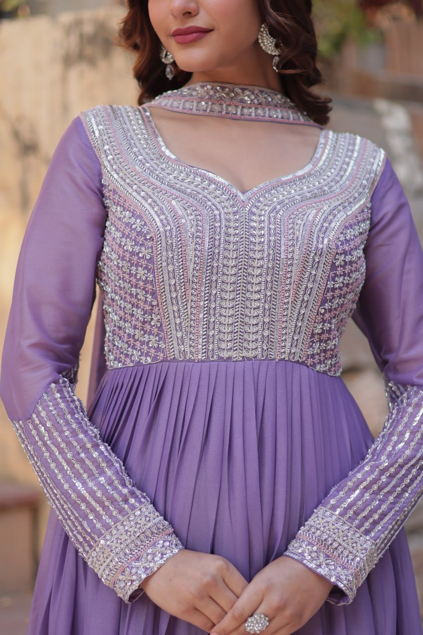 PREMIUM DESIGNER READYMADE PURPLE GOWN STAR GEORGETTE WITH EMBROIDERY BEADS SEQUINS-WORK