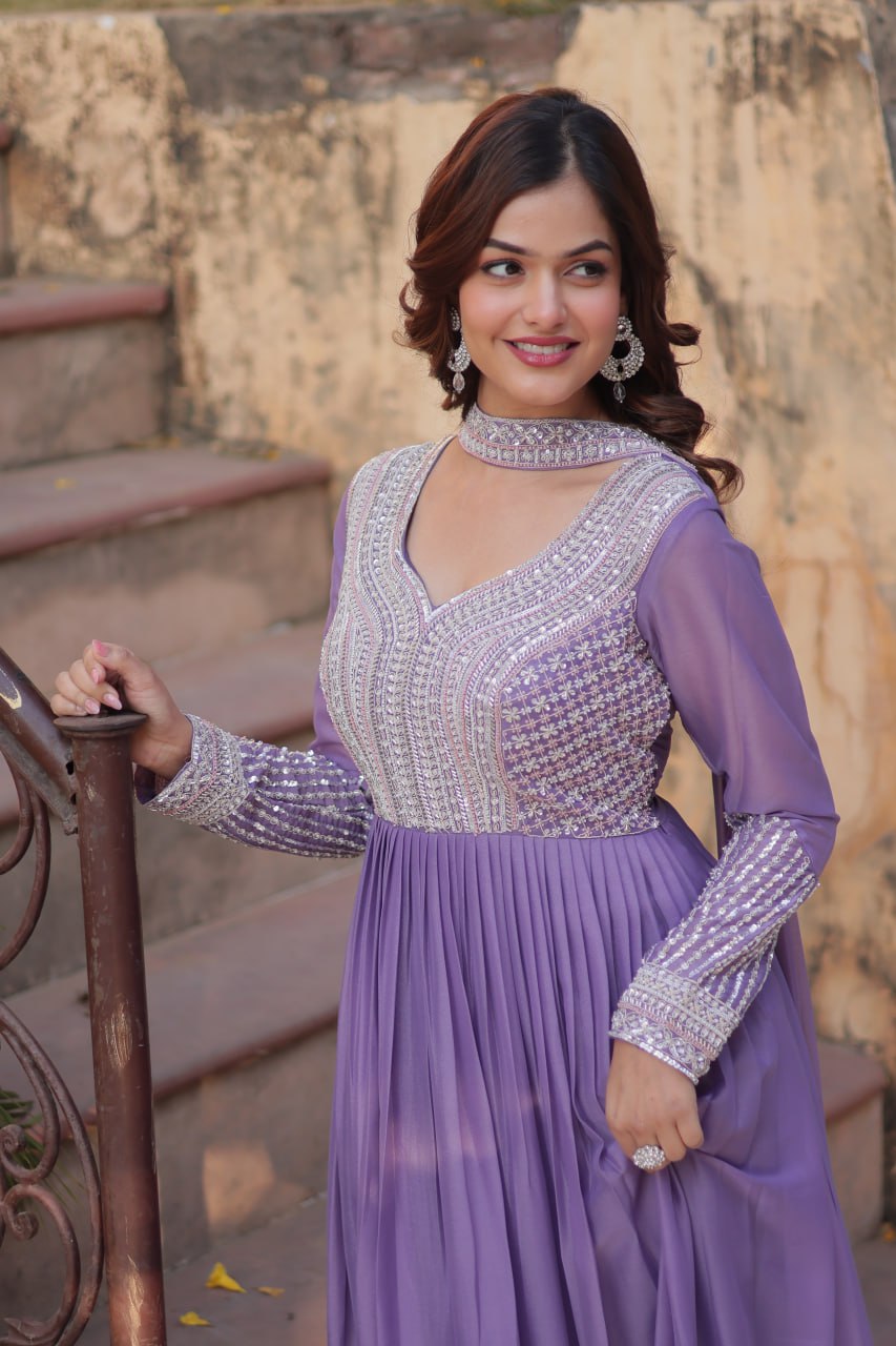 PREMIUM DESIGNER READYMADE PURPLE GOWN STAR GEORGETTE WITH EMBROIDERY BEADS SEQUINS-WORK