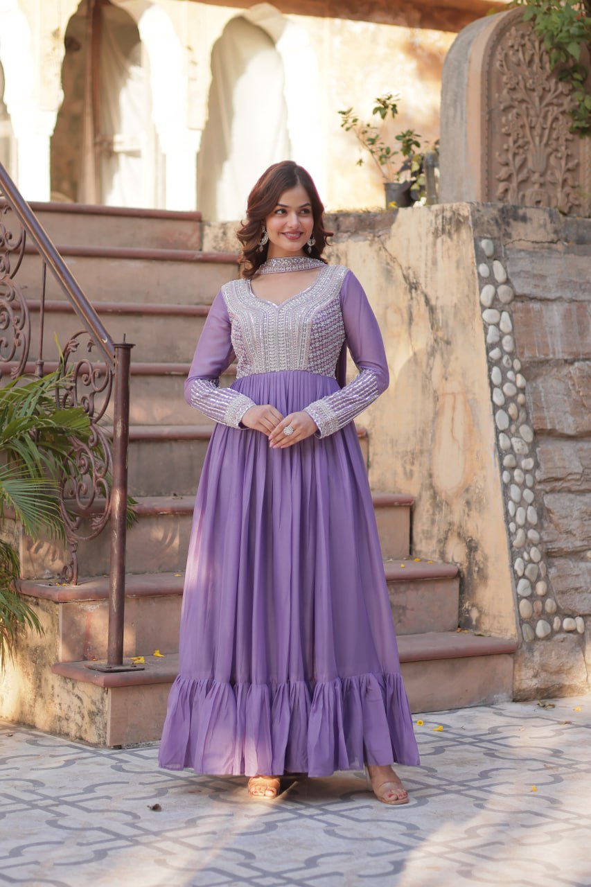 PREMIUM DESIGNER READYMADE PURPLE GOWN STAR GEORGETTE WITH EMBROIDERY BEADS SEQUINS-WORK