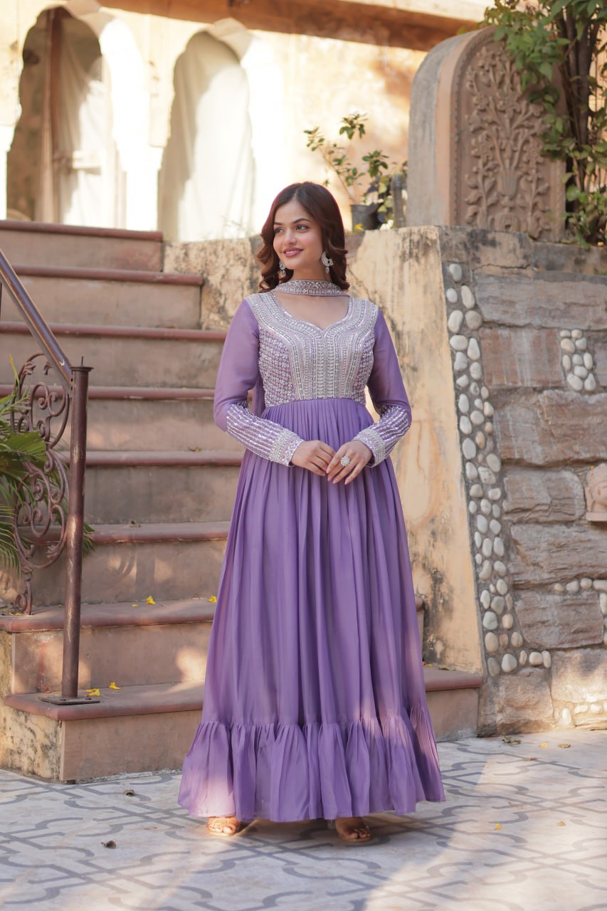 PREMIUM DESIGNER READYMADE PURPLE GOWN STAR GEORGETTE WITH EMBROIDERY BEADS SEQUINS-WORK